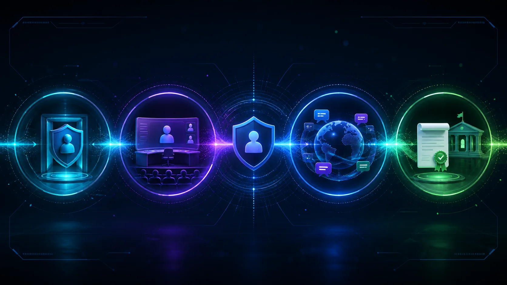 An illustrated four-stage flow connecting secure class entry, live teaching, multilingual understanding and approved Academy evidence