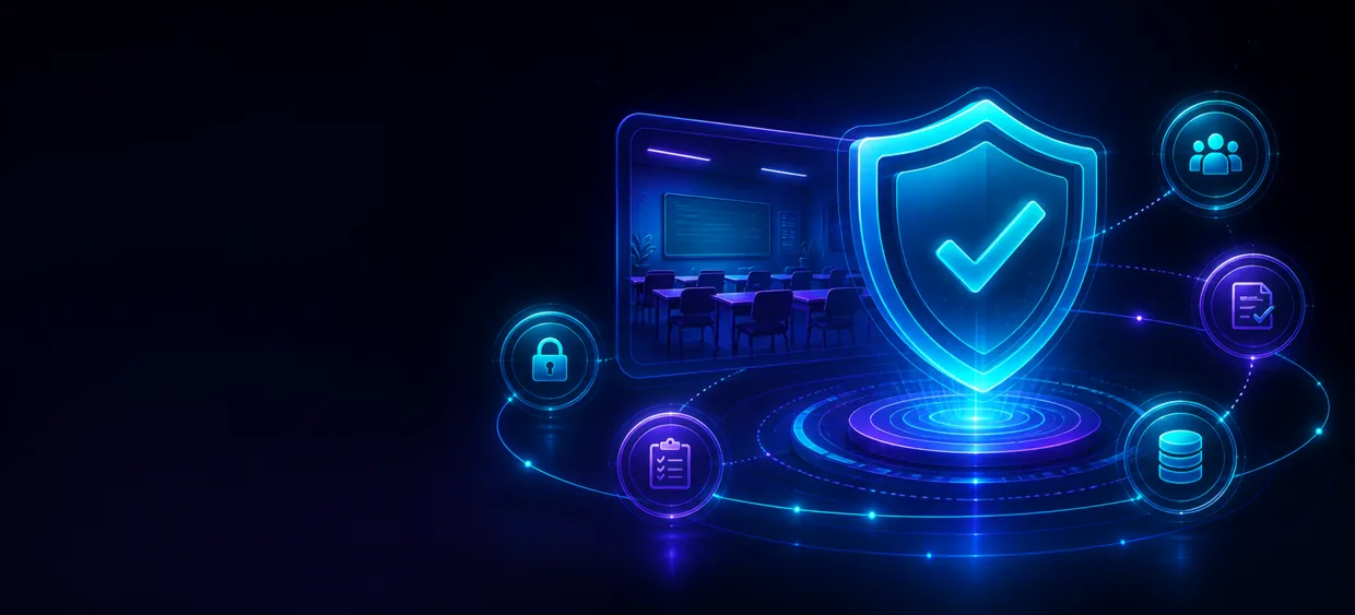 A neon shield protecting a governed learning workspace